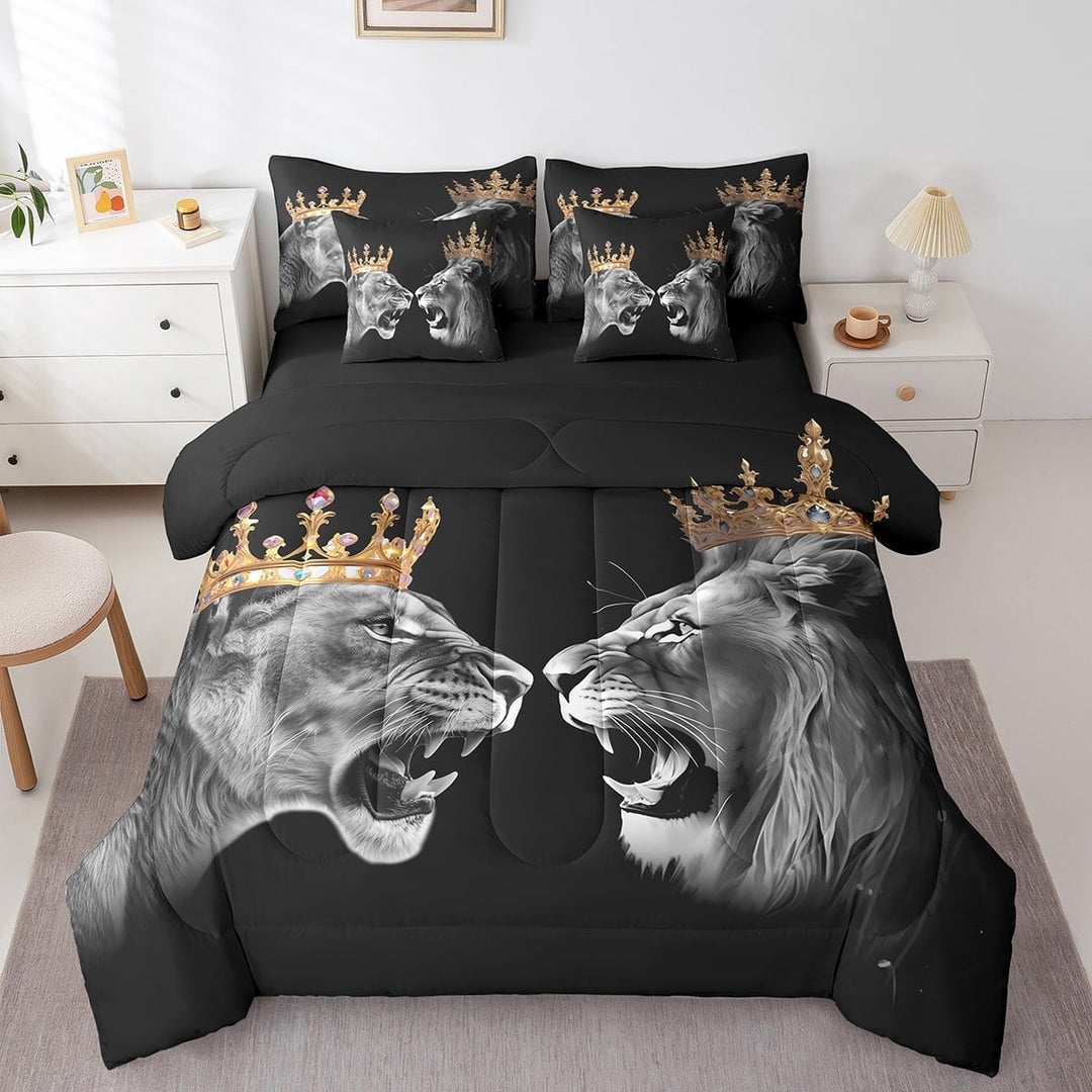 Wild Lion Couple King Bedding Sets 7-Piece,King and Queen Comforter Set For Women Men Bedroom Gift,Gold Crown Bed in a Bag,Safari African Animal Sheet Set with Comforter,Grey Black