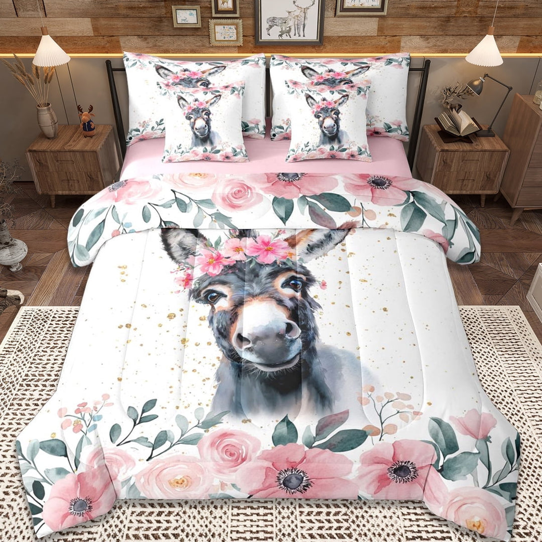 Erosebridal Farm Animals Donkey 7-Piece Twin Bedding Sets,Rustic Flowers Bedding Comforter Set For Men Women,Reversible