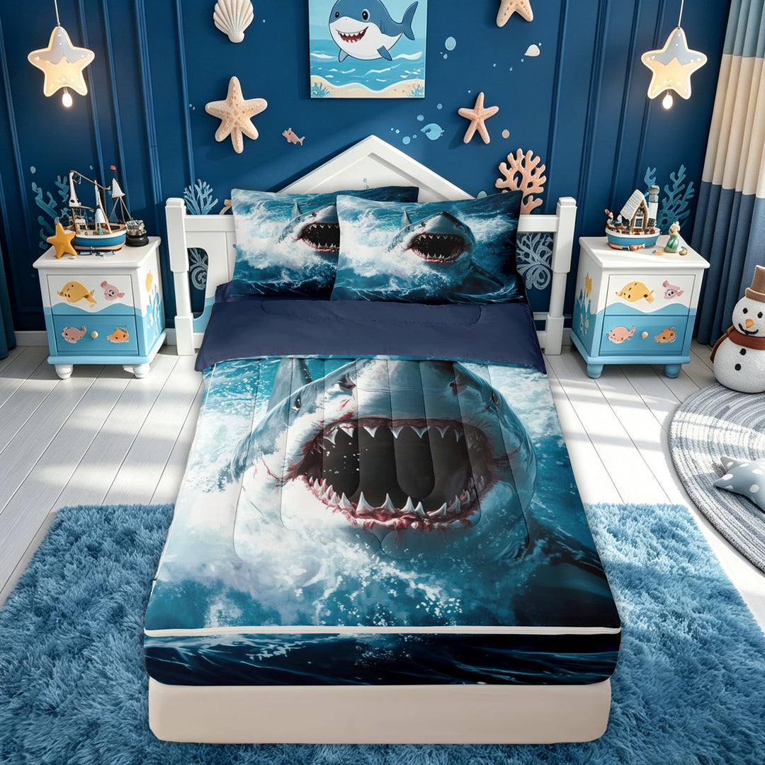 meiyoeat White Shark Ocean Wave Zipper Comforter Set with Fitted Sheet and 2 Pillowcases for Boys Kids, Sea Marine Wildlife Zipper Bedding Set, Blue, Blue Reversible, 3pcs