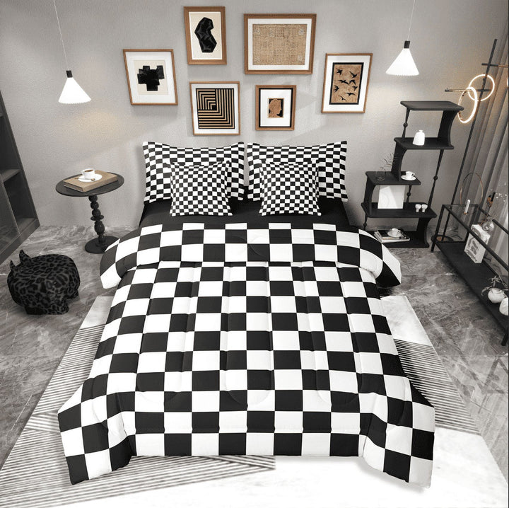 Erosebridal Buffalo Square Bedding Sets Twin Size,Black White Comforter Sets with Sheets,Geometric Decoration,Reversible,Breathable,7-Piece