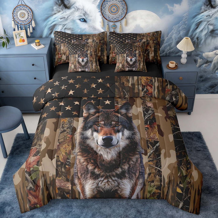 Erosebridal Camo US Flag Wolf Print Bedding Comforter Set, Patriotic Wildlife Queen Bedding Sets for Men and Women, Black Reversible 7-Piece