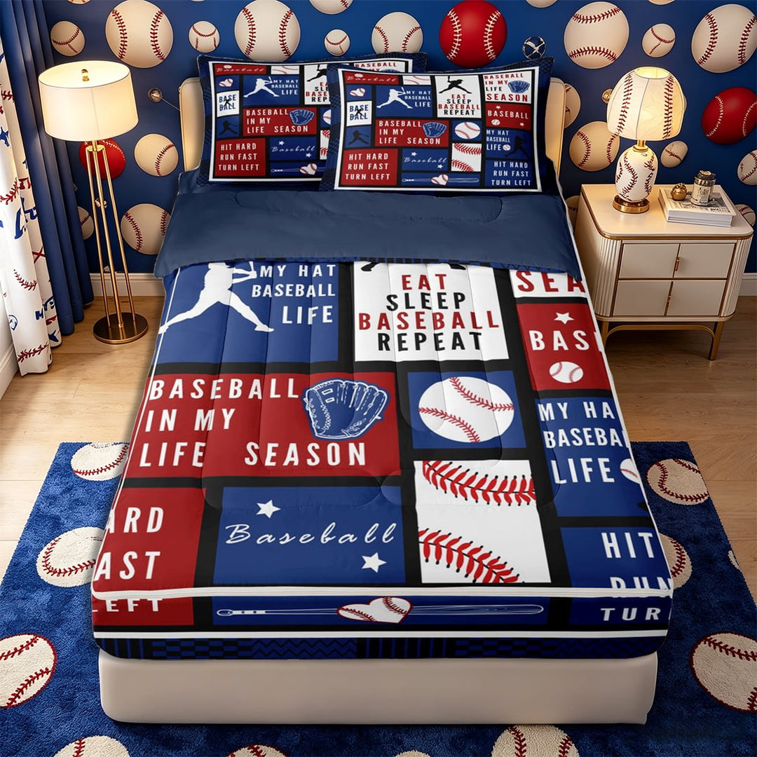 Meiyoeat Eat Sleep Baseball Zipper Full Size Comforter Sets with Fitted Sheet and 2 Pillowcases, Sport Ball Gamer Zipper Bedding Set, Red Blue White,4pcs,Navy Blue Reversible