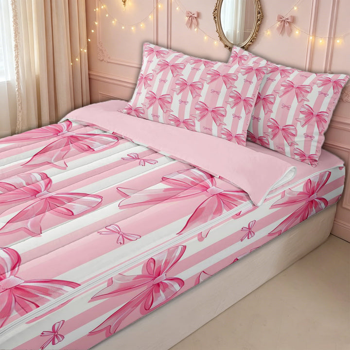 meiyoeat Watercolor Bow Stripe Zipper Twin Comforter Sets with Fitted Sheet and 2 Pillowcases for Kids Girls, Girly Pink Ribbon Zipper Bedding Set, Pink ReversibleG