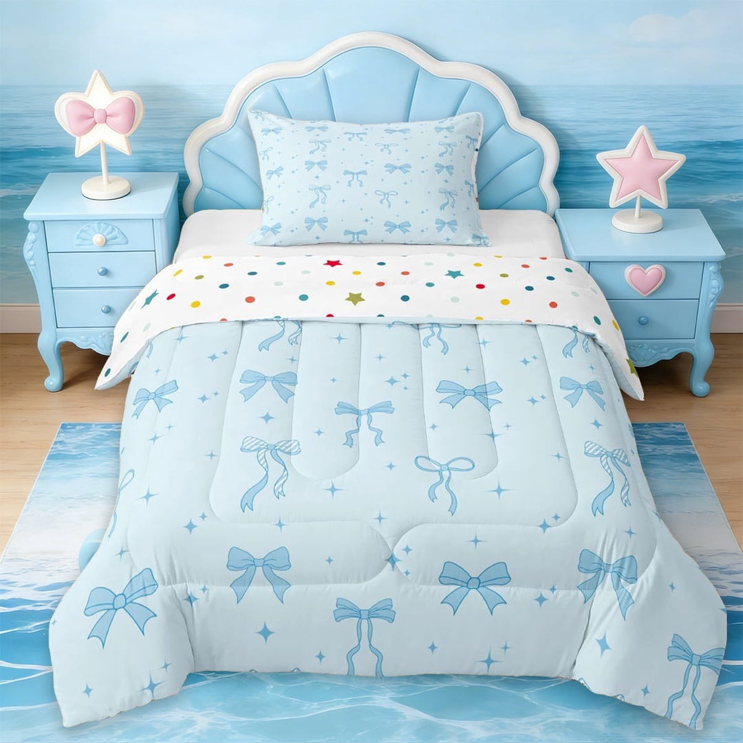 Erosebridal Dreamy Princess Style Twin Comforter Sets,Blue Ribbon Bowknot Bedding Set For Kids Girls,Reversible,2 Pieces