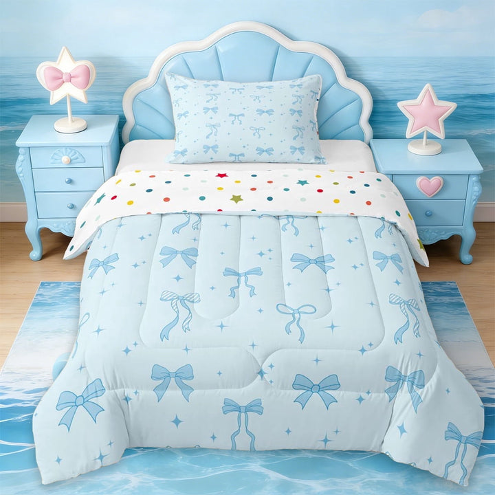 Erosebridal Dreamy Princess Style Twin Comforter Sets,Blue Ribbon Bowknot Bedding Set For Kids Girls,Reversible,2 Pieces