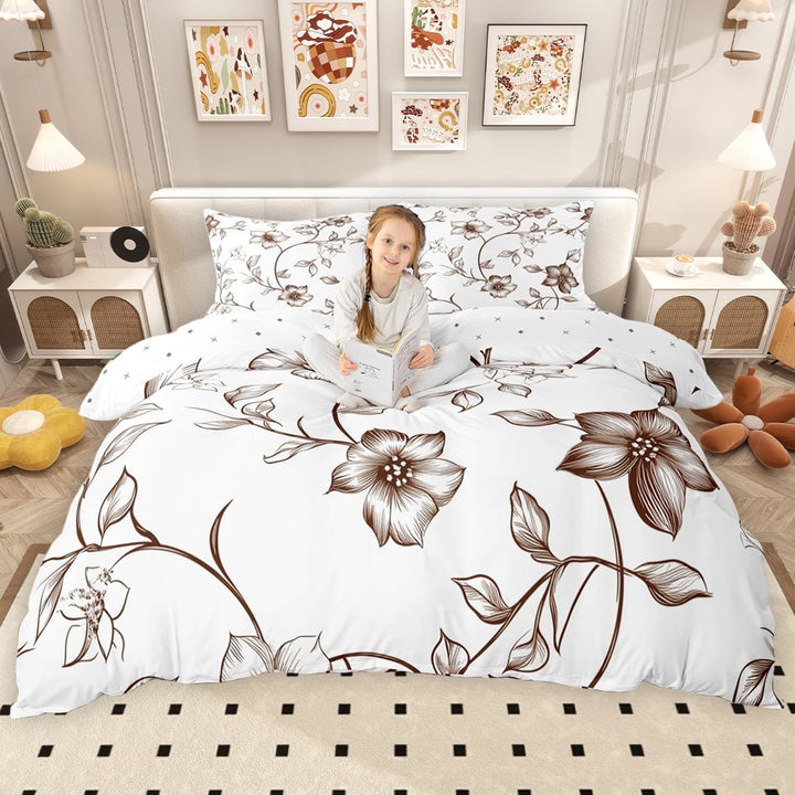 Erosebridal Retro Flower Queen Duvet Cover Set for Girls Women, Brown Floral Bedding, Reversible, 3pcs 1 Duvet Cover and 2 Pillowcases, No Comforter