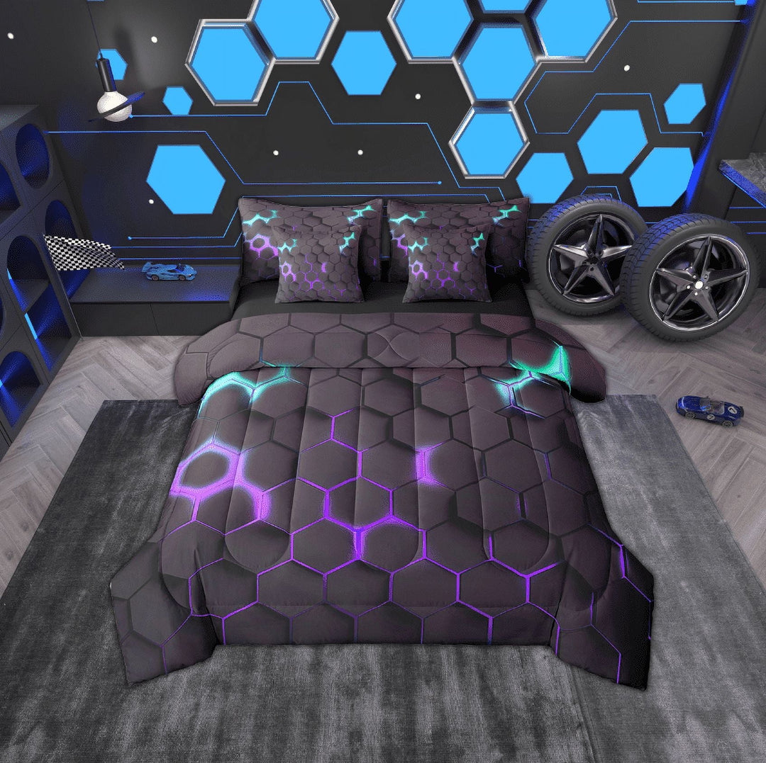 Erosebridal Geometric Honeycomb Bedding Sets Twin Size, Gradient Purple Blue Hexagon Comforter Sets with Sheets, Reversible 7-Piece