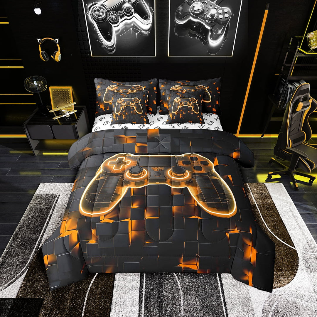 Gamer Bed in a Bag 7 Piece, Gaming Room Bedding Set With Comforter Orange Geometry Honeycomb Print Fitted Sheet Twin Size, Modern Abstract Plaid Cushiom Covers Soft Reversible