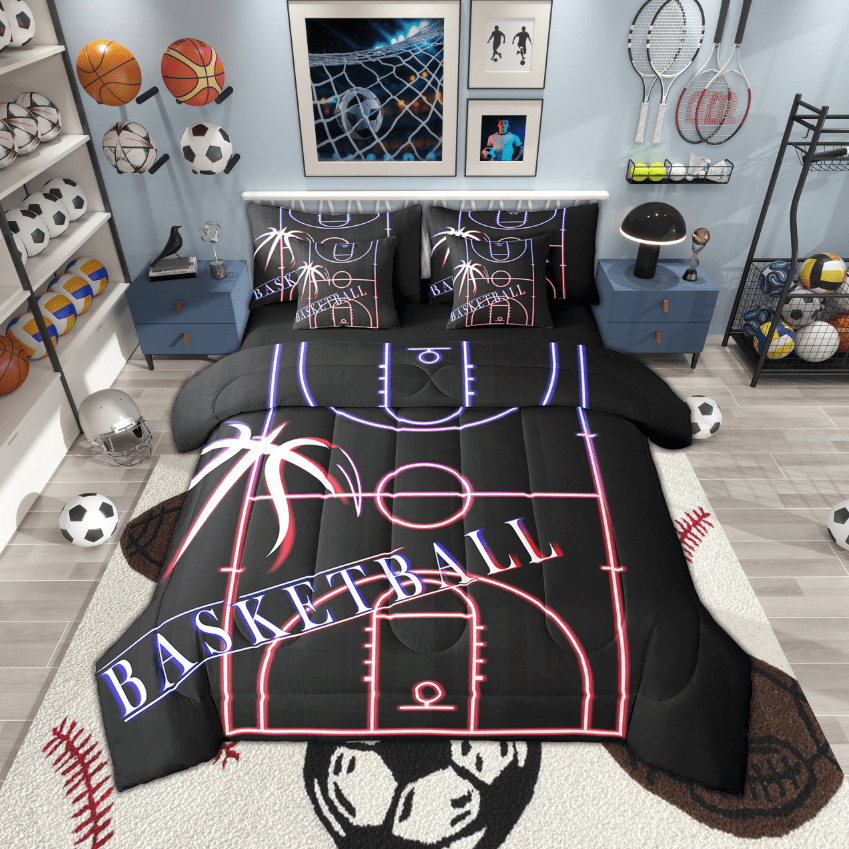 Basketball Bedding Full Size 7-Piece Room Sport Comforter Set, Glowing Basketball Court Bedding Comforter Sets Sports Gamer Bed in a Bag, Navy Pink Red Bedding Accessories (Black Reversible)