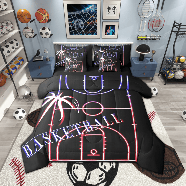 Basketball Bedding Full Size 7-Piece Room Sport Comforter Set, Glowing Basketball Court Bedding Comforter Sets Sports Gamer Bed in a Bag, Navy Pink Red Bedding Accessories (Black Reversible)