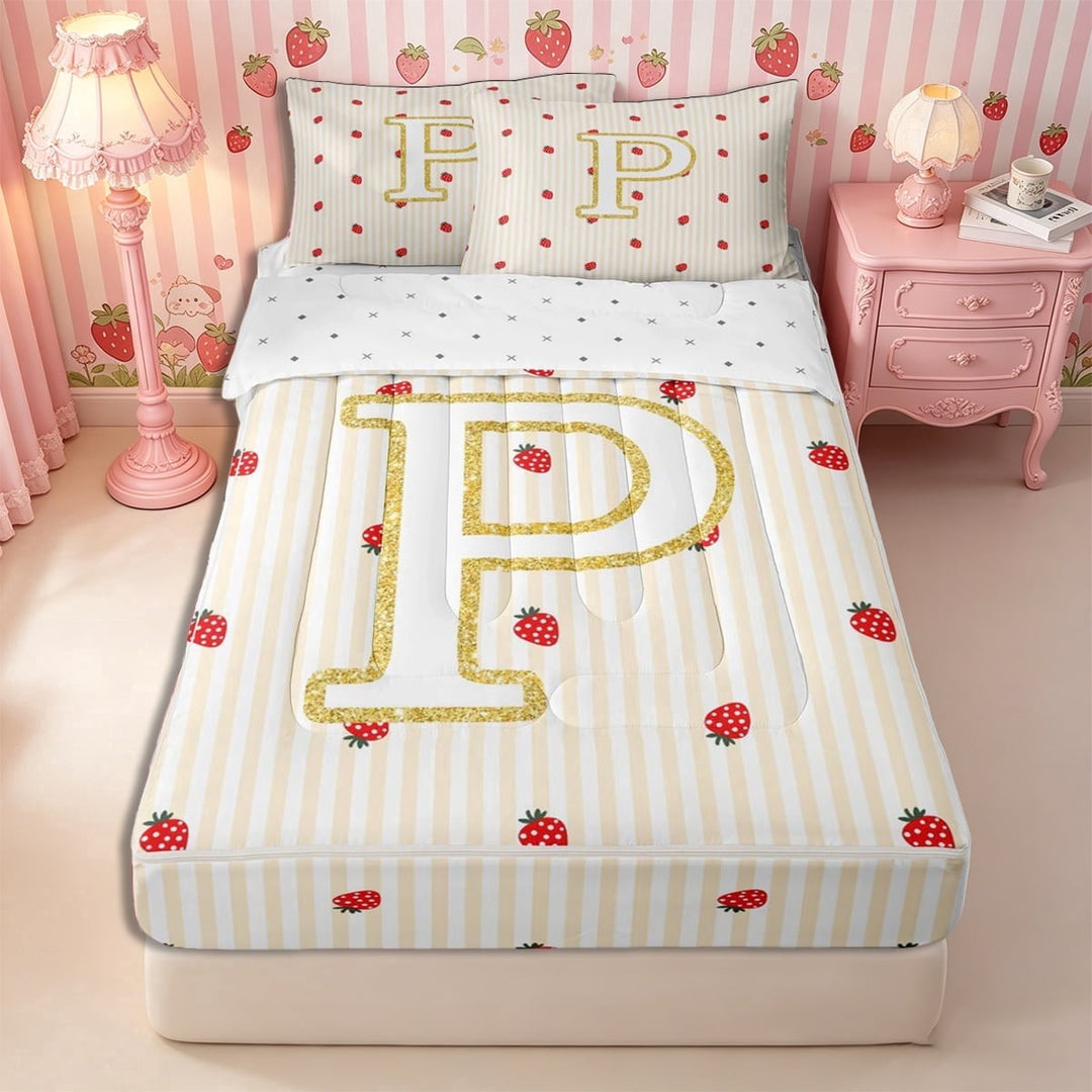 Meiyoeat Cute Strawberry Initial P Zipper Twin Comforter Sets with Fitted Sheet and 2 Pillowcases, Gold Stripe Print Zipper Bedding Set for Bedroom,4-Piece