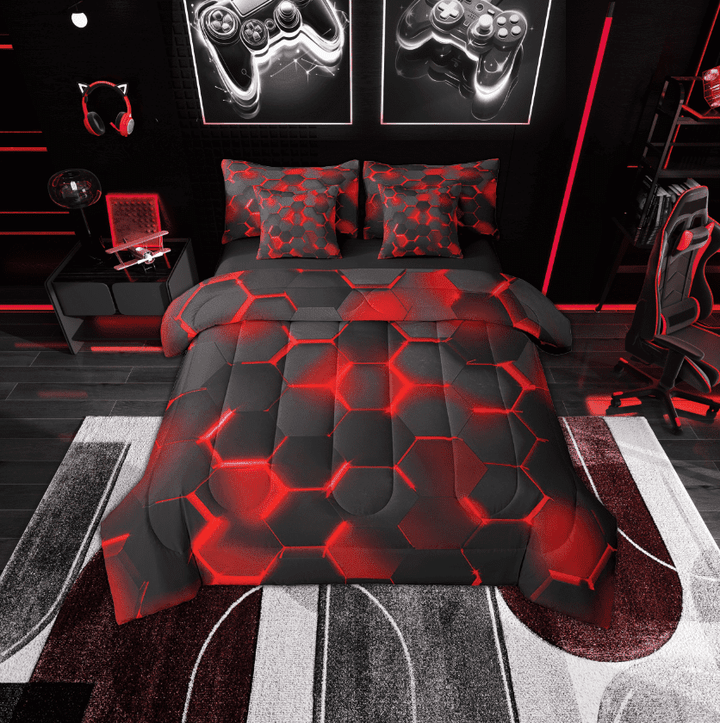 Erosebridal Honeycomb Geometry Bed in a Bag Twin size, Black Red Bed Set, Abstract Reversible Bedding Twin Size, Super Cozy Room Decor, 7-Piece
