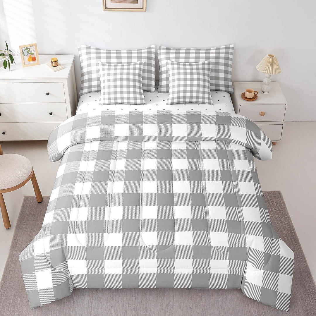 Erosebridal Abstract Grid Bedding Sets Twin Size,Geometric Buffalo Comforter Sets with Sheets,Grey White Bed in a Bag Twin size,Ultra Soft Plaid Bedroom Decorative,7pcs
