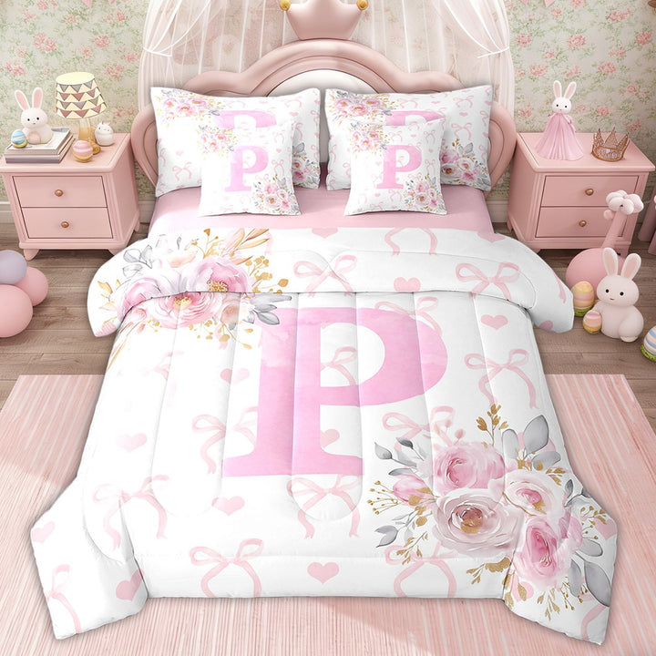 Erosebridal Dreamy Initial A-Z Bedding Sets Twin Size for Kids, Initial Letter P Bedding Accessories, Pink Rose Decor, Pink Reversible 7pcs