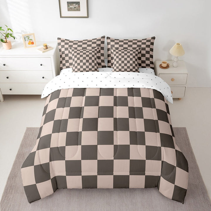 Erosebridal Plaid Checkered Bedding Sets Twin Size, Farmhouse Gingham Comforter Sets with Sheets, Vintage Room decor, Reversible 7pcs