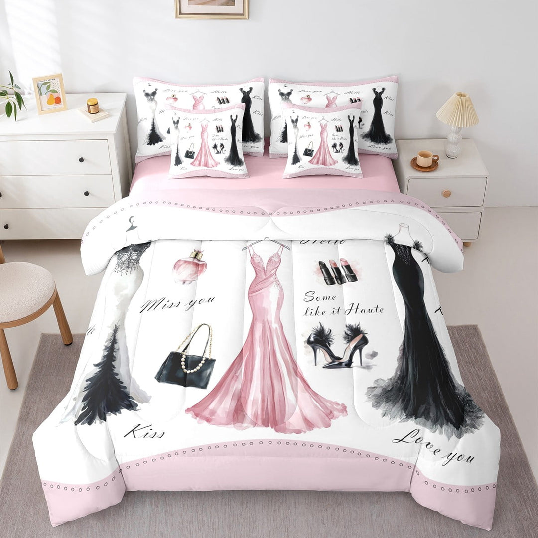 7 Piece Pink Girly Dress Bedding Sets Queen Modern Fashion Woman Dress Bed in a Bag Modern Comforter Set with Sheets Girly Bed Set Black High Heels Romantic Makeup Print Sheets