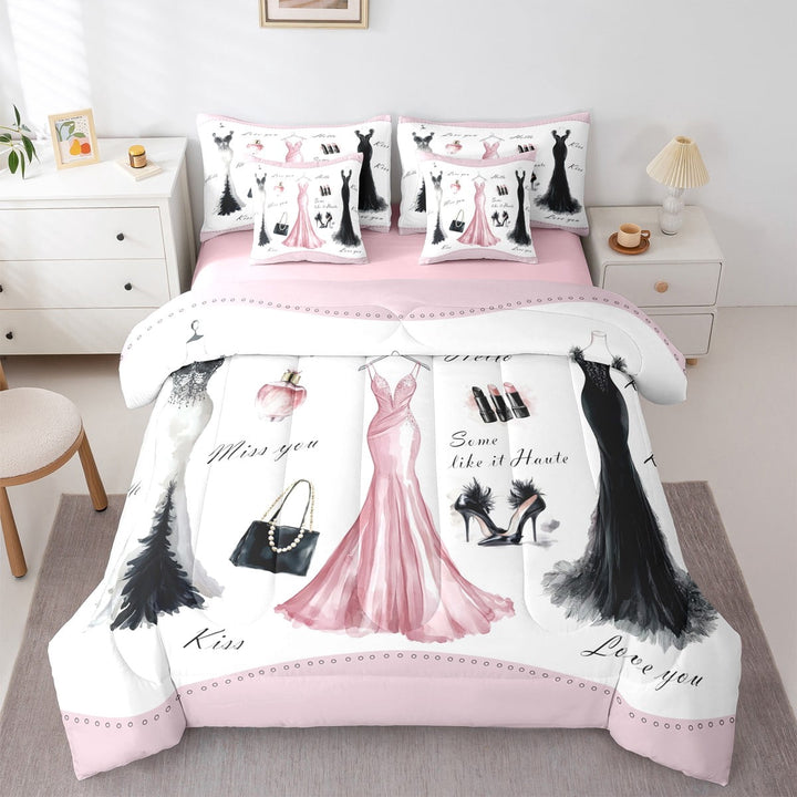 7 Piece Pink Girly Dress Bedding Sets Queen Modern Fashion Woman Dress Bed in a Bag Modern Comforter Set with Sheets Girly Bed Set Black High Heels Romantic Makeup Print Sheets