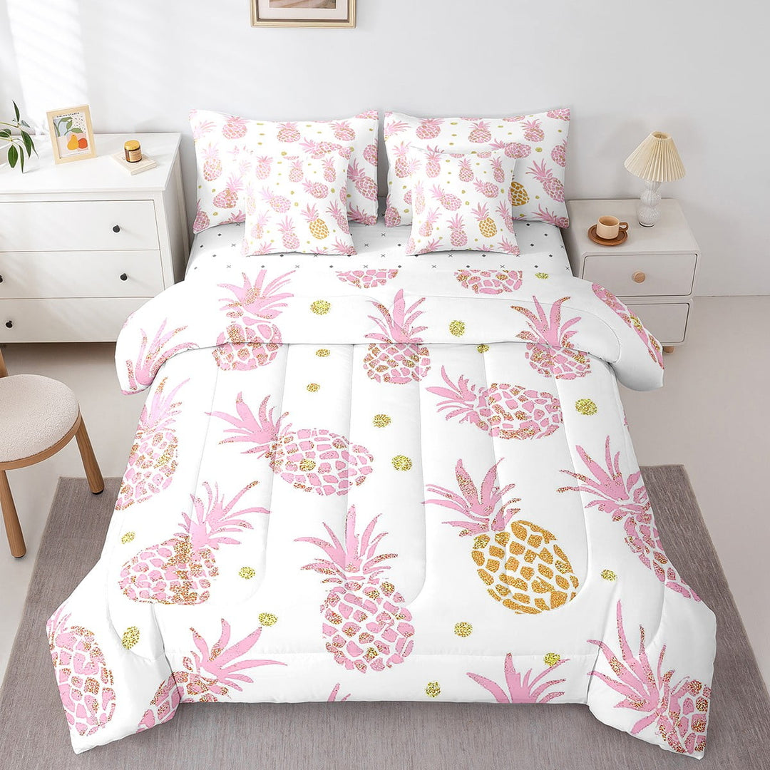 Pink Pineapple 7 Pieces Queen Comforter Set,Cartoon Yummy Fruit Bed in a Bag Comforter &amp; Sheet Set All Season,Neon Fruit Bedding Sets with Comforter, Sheets, Pillowcases &amp; Shams