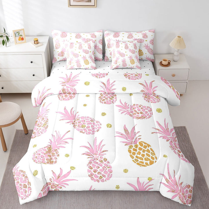 Pink Pineapple 7 Pieces Queen Comforter Set,Cartoon Yummy Fruit Bed in a Bag Comforter &amp; Sheet Set All Season,Neon Fruit Bedding Sets with Comforter, Sheets, Pillowcases &amp; Shams