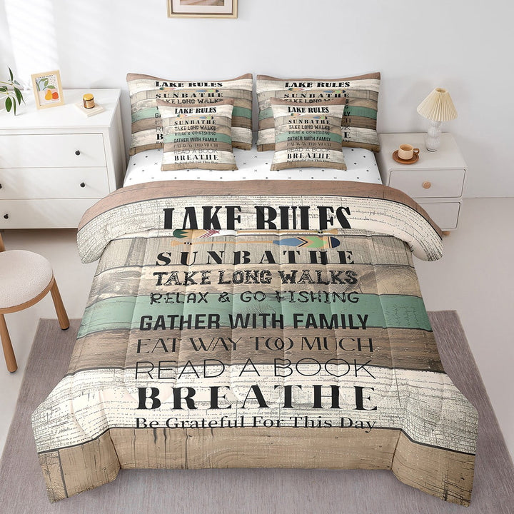 7Pcs Comforter Set Full Size, Lake Rules Bed in a Bag with Flat Sheet and Fitted Sheet and , Retro Vintage Wooden Plank Bedding Set with Pillowcases &amp; Throw Pillow Covers