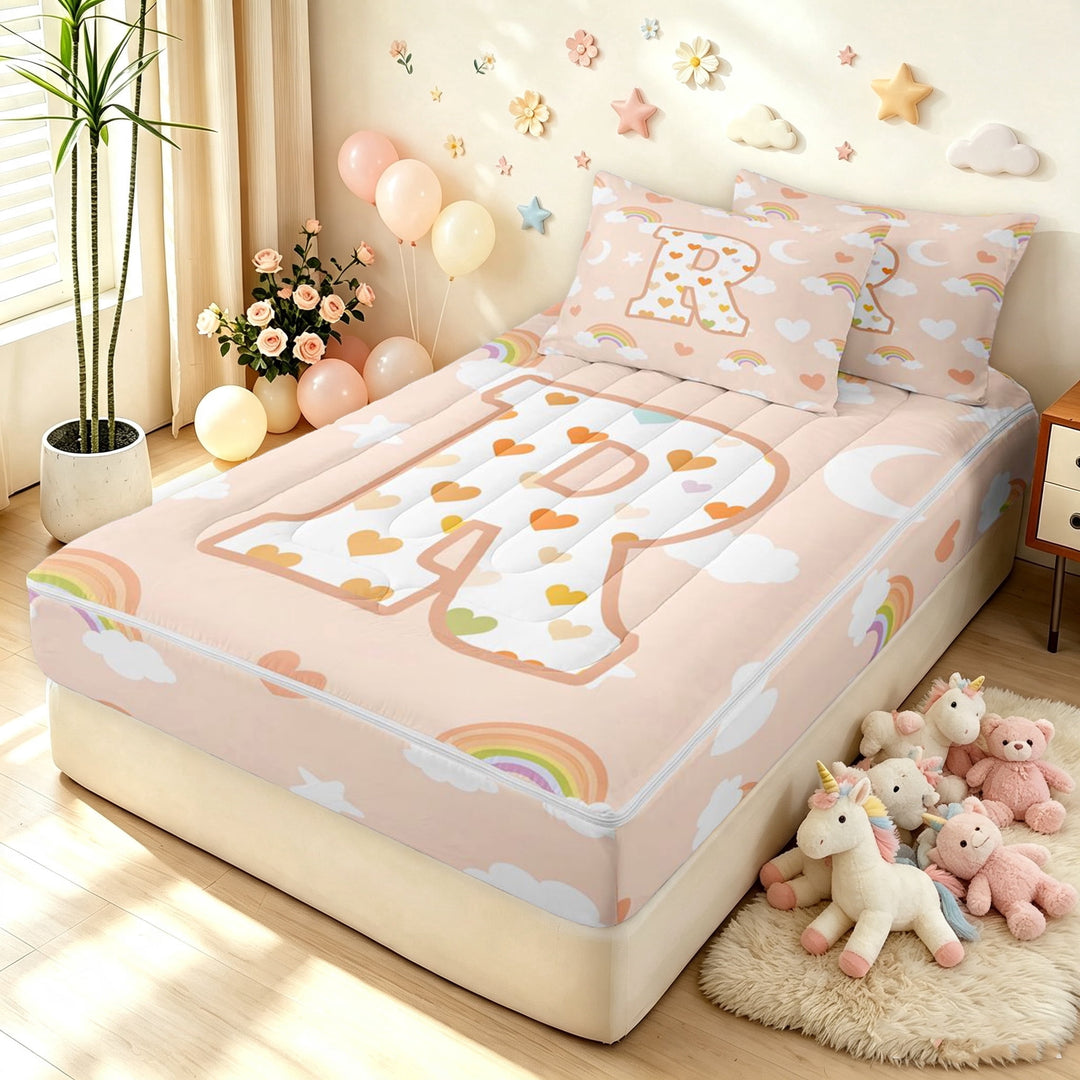 meiyoeat Cute Love Heart Letter R Zipper Full Size Comforter Sets with Fitted Sheet and 2 Pillowcases for Girls, Star Moon Zipper Bedding Set Peach, Polkadot Reversible, 4-Piece
