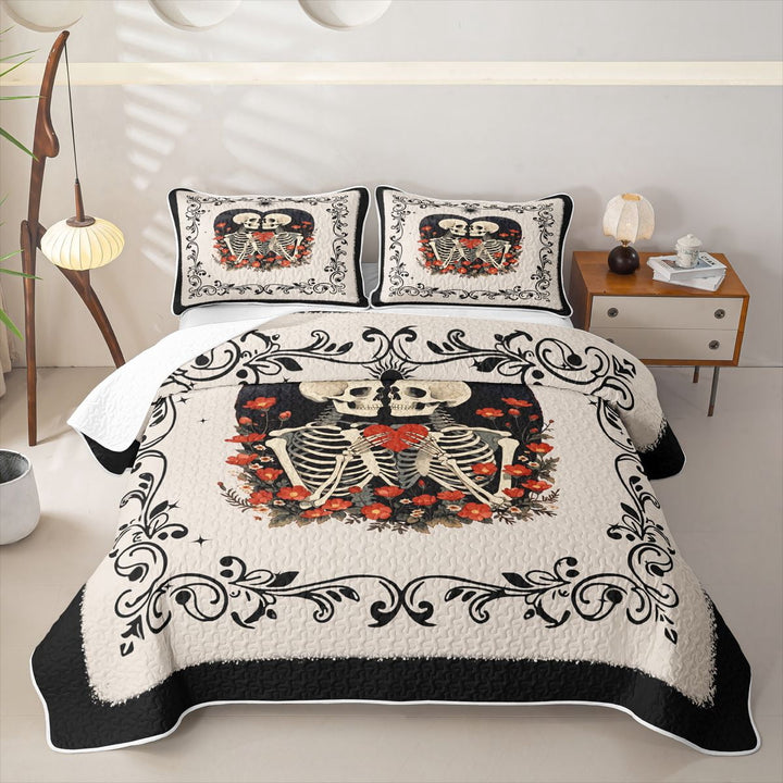 Manfei Gothic Halloween Quilt Full,Skeletons Pattern Full Bedspread Sets,Beige,3-Piece