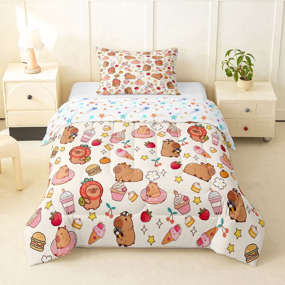 Erosebridal Cute Capybaras Twin Comforter Sets 3-Piece For Teens,Funny Food Bubble Tea Hamburger Dessert Animal Bedding Set For Kids Boy Girls,Ultra Soft Home Decor