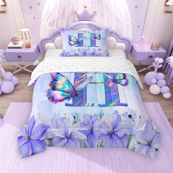 Erosebridal Purple Butterfly Twin Comforter Sets for Girls, Garden Flower Floral Bedding Set, Initial H, Reversible, 1 Comforter and 1 Pillowcase