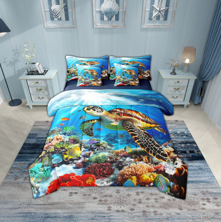 Erosebridal Sea Turtle Bedding Sets Twin Size,Underwtaer World Comforter Sets with Sheets,Ocean Theme Decor,Reversible,Breathable,7pcs