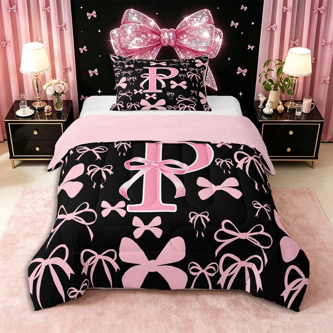 Erosebridal Kawaii Bowtie Letter P Monogrammed Twin Comforter Sets 3-Piece,Dreamy Princess Bow Bedding Set,Pink Reversible,Super Cozy Room Decor