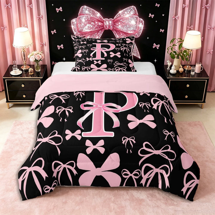 Erosebridal Kawaii Bowtie Letter P Monogrammed Twin Comforter Sets 3-Piece,Dreamy Princess Bow Bedding Set,Pink Reversible,Super Cozy Room Decor