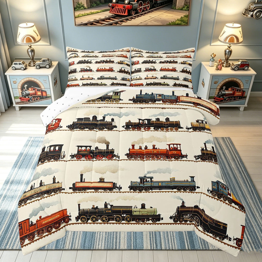 meiyoeat Vintage Train Print Full Size Comforter Sets for Kids Boys, Classic Steam Engine Bedding Comforter Set, Beige Multicolor, Reversible, 3pcs