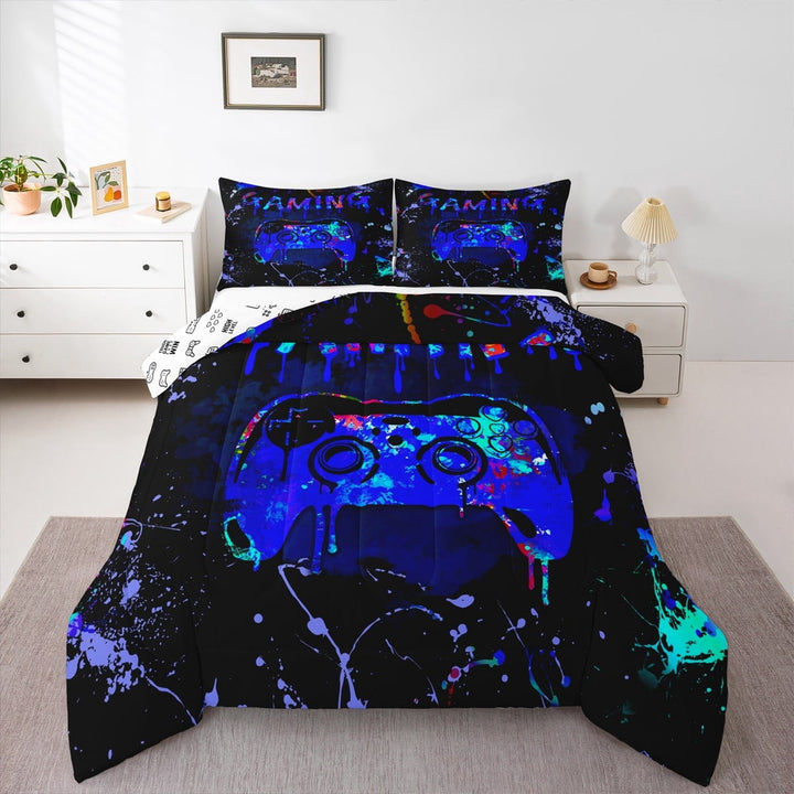 Twin Gamer Bedding Sets Gaming Comforter Sets Teens Video Gamer Room Decor,Gamepad Controller Gamer Comforter Set Black Royal Blue Tie Dye Bed Set 2Pcs