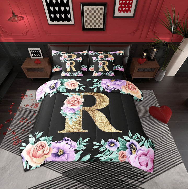 Erosebridal Monogrammed R Bedding, Rose Flower Bed in a Bag, Vintage Fashion Reversible Bed Set, Lightweight Room Decorative, 7-Piece
