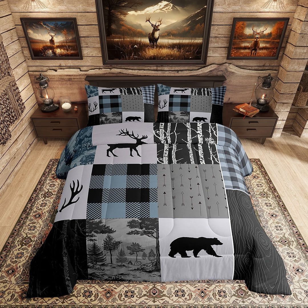 Erosebridal Hunting Bear Bedding Twin Comforter Set, Farmhouse Wildlife Down Comforter, Patchwork Plaid Decor, 2pcs