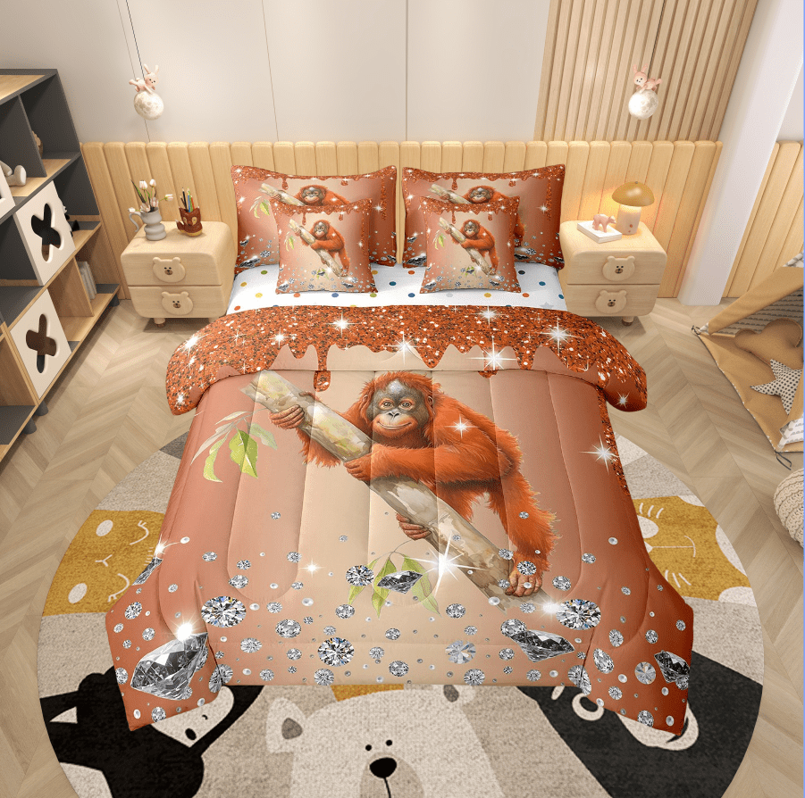 Gorilla Comforter Set 7 Piece Bed in a Bag Twin,Orange Sequin Fluid Art Comforter and Sheet Set,Crystal Diamond Bedding Set,Woodland Animals Bed Set Jungle Wildlife Room Decor