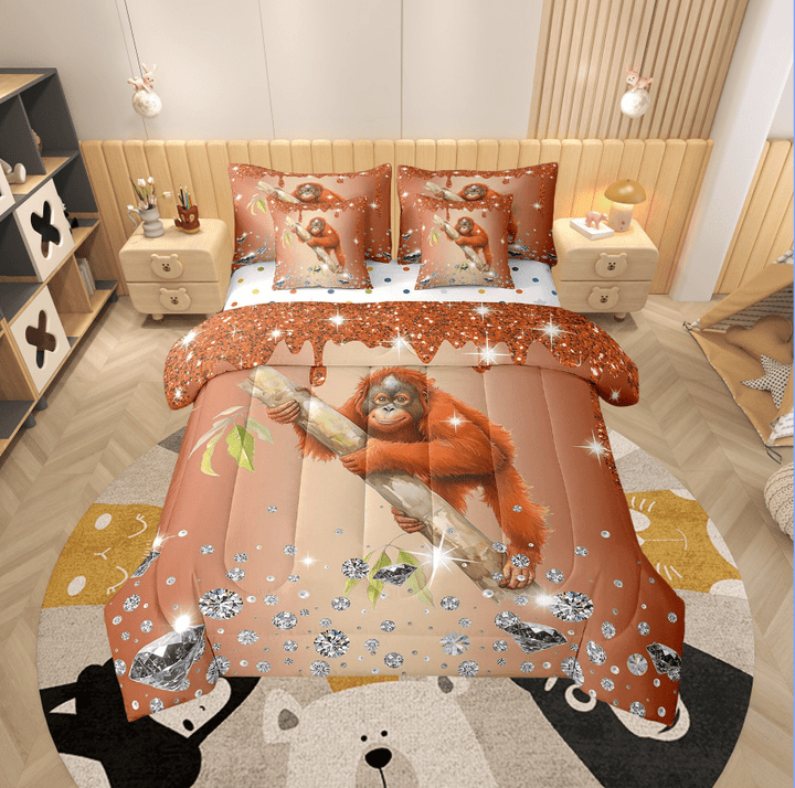 Gorilla Comforter Set 7 Piece Bed in a Bag Twin,Orange Sequin Fluid Art Comforter and Sheet Set,Crystal Diamond Bedding Set,Woodland Animals Bed Set Jungle Wildlife Room Decor