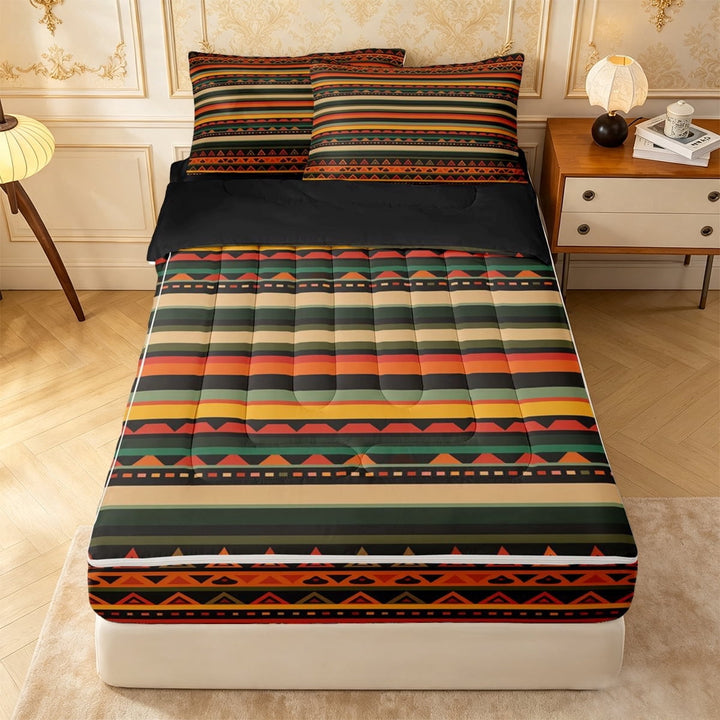 meiyoeat Warm Aztec Zipper Full Size Comforter Sets with Fitted Sheet and 2 Pillowcases For Men Women,Vibrant Tribal Zipper Bedding Set,Multicolor Black,Black Reversible,4 Pieces