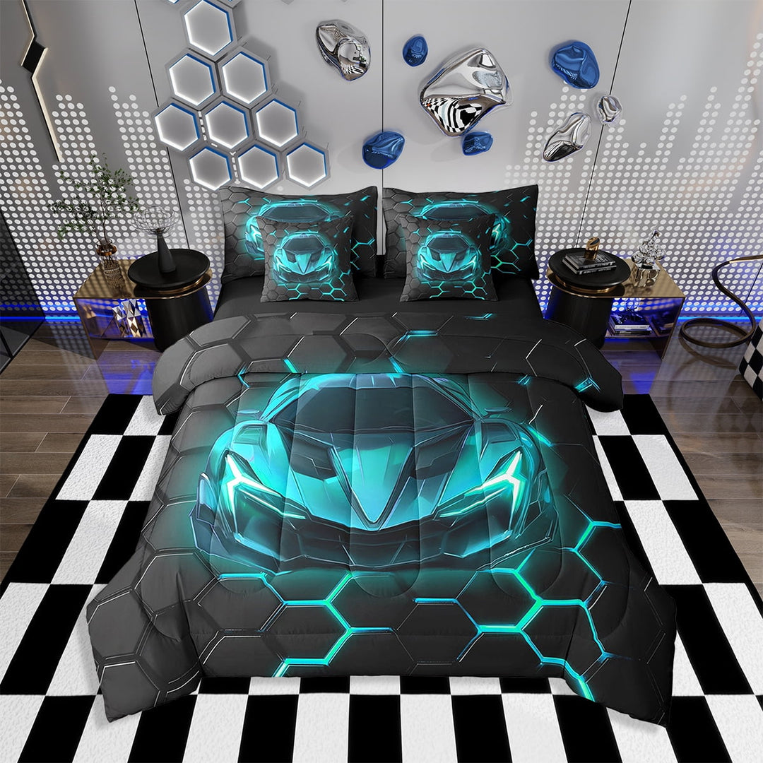 Erosebridal 7 Pieces Bed in a Bag Twin Bedding Set with Sheets,Race Car Comforter Sets for All Season,1 Comforter,2 Cushion Cases,1 Flat Sheet,1 Fitted Sheet,2 Pillowcases