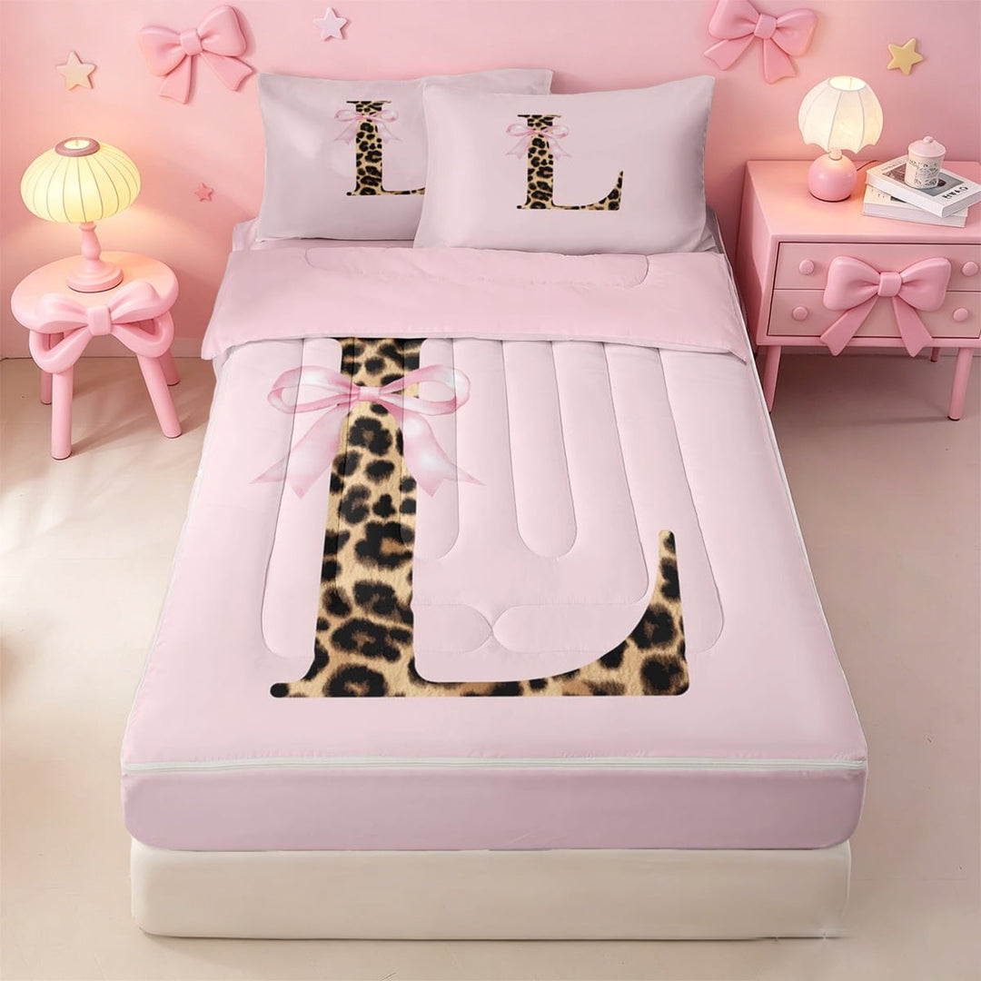 meiyoeat Pink Ribbon Bowknot Zipper Twin Comforter Sets with Fitted Sheet and 2 Pillowcases,Leopard Animal Print Alphabet Letter L Zipper Bedding Set For Girl,Pink Reversible,4 Pieces