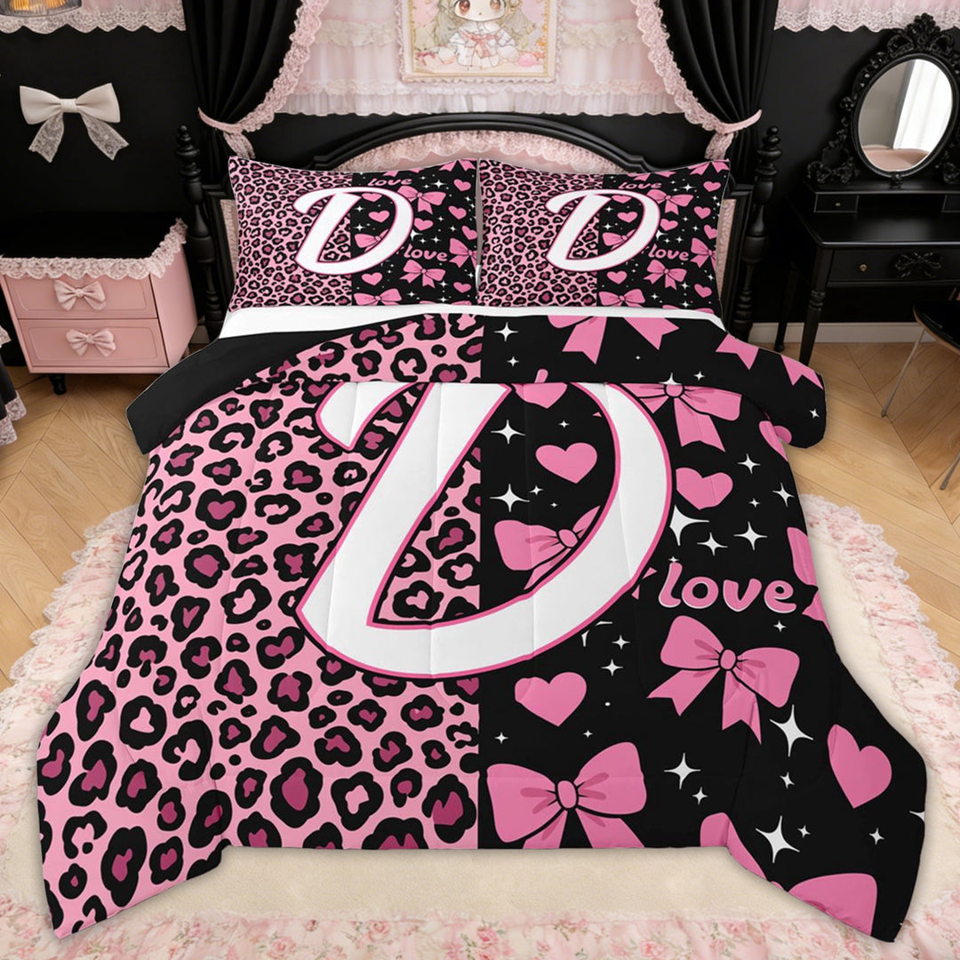 Erosebridal Leopard Print Bow Letter D Full Size Comforter Sets for Girls, Pink Initial Ribbon Bedding Sets, Black Reversible, 3pcs