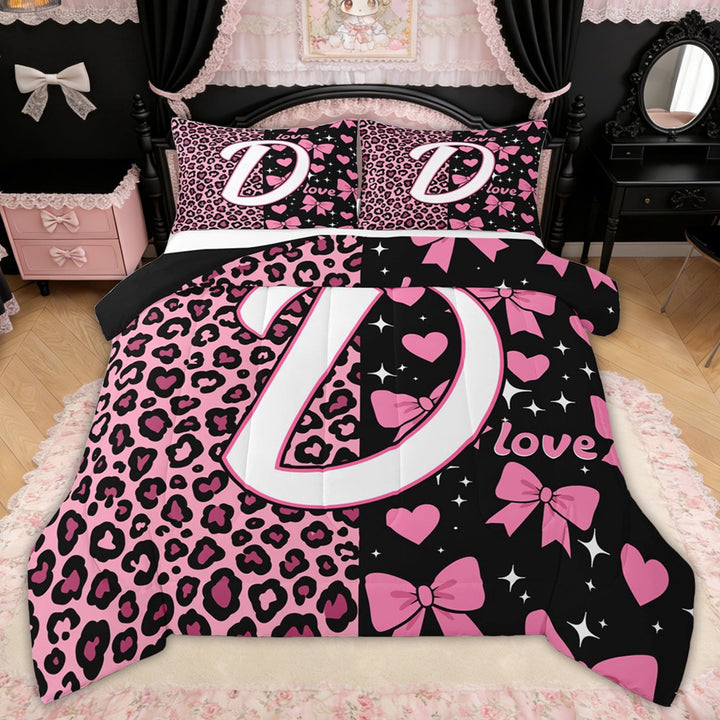 Erosebridal Leopard Print Bow Letter D Full Size Comforter Sets for Girls, Pink Initial Ribbon Bedding Sets, Black Reversible, 3pcs