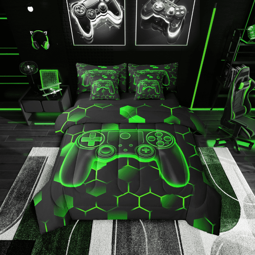 Erosebridal Teens Gamer Bedding Sets Twin Size,Video Game Gaming Comforter Sets with Sheets,Gradient Hexagon Decoration,Reversible,Breathable,7-Piece