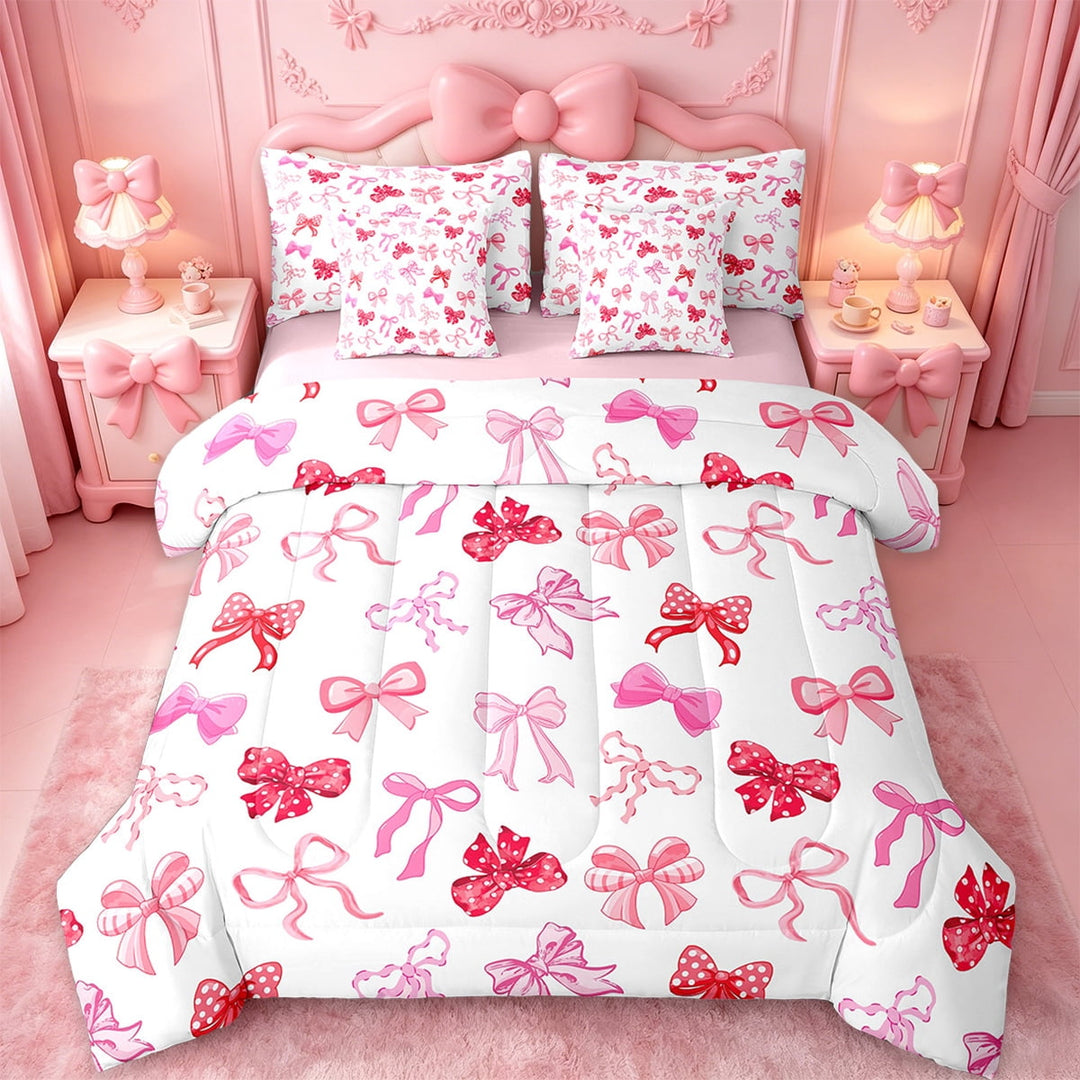 Erosebridal Kawaii Bow Bed in a Bag Twin Size,Fairy Bow Tie Print Bed Set,Blue Pink Bedding Twin Size For Boys Girls,Microfiber Bedroom Decor Reversible,7 Pieces