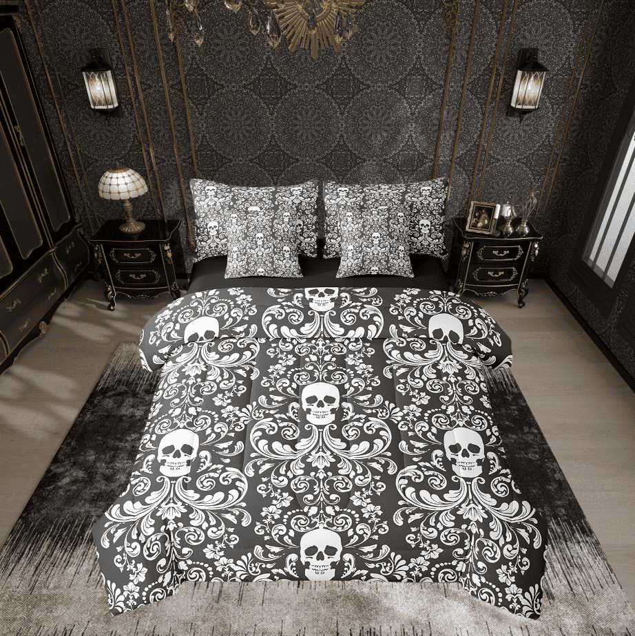Damask Gothic Bedding Set Adults Antique Victorian Bed in a Bag King Size Comforter Set 7 Pieces,Black and White Sugar Skull Sheet Set Vintage Floral Goth Bed Set,Exotic Bone Skeleton Bohemian Decor
