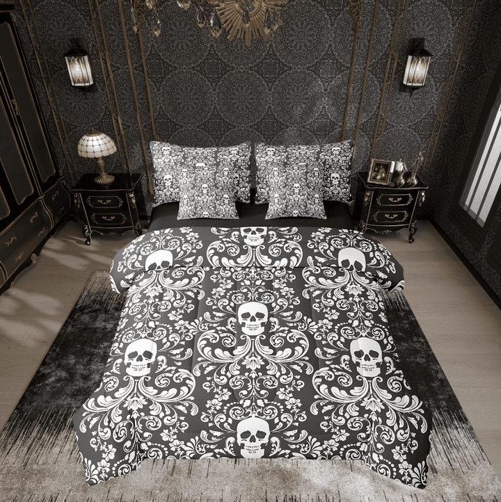 Damask Gothic Bedding Set Adults Antique Victorian Bed in a Bag King Size Comforter Set 7 Pieces,Black and White Sugar Skull Sheet Set Vintage Floral Goth Bed Set,Exotic Bone Skeleton Bohemian Decor