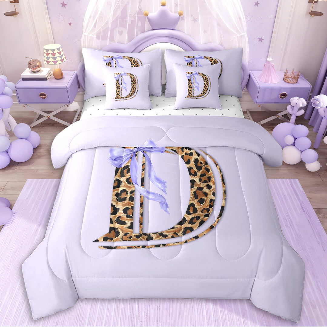 Erosebridal Girls Letter D Monogrammed Cartoon Bowknot Twin Bedding Sets 7-Piece,Purple Bow Vintage Leopard Print Bedding Comforter Set,Super Cozy Room Decor