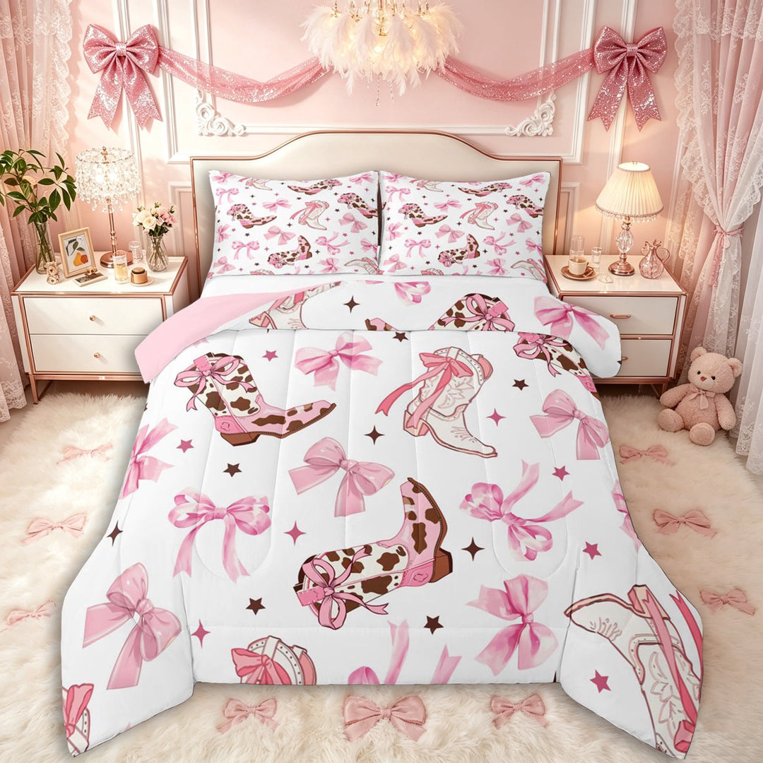 Manfei Western Ribbon Bow Full Size Comforter Sets 3 Pieces for Teens Female,Kids Girls Cowgirl Cow Print Boots Bedding Sets,Pink Reversible,Ultra Soft Home Decor