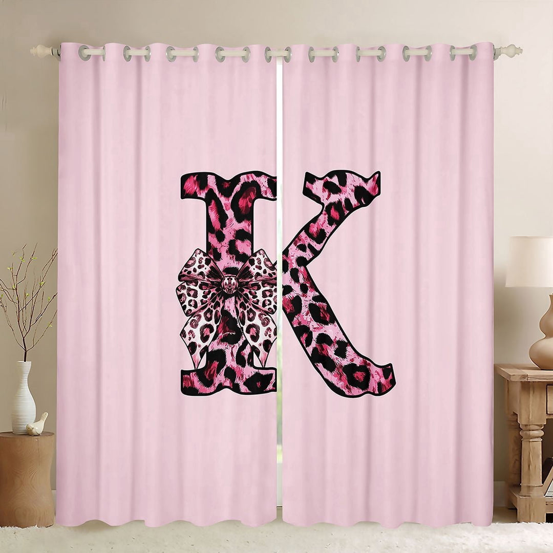 Erosebridal Girls Black Pink K Letter Monogrammed Black Out Curtains,Kids Cheetah Print Bow Tie Curtains Pack of 2 (42x63 Each)