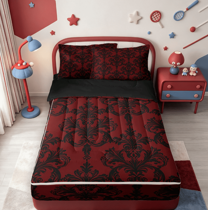 meiyoeat Dramatic Damask Zipper Full Size Comforter Sets with Fitted Sheet and 2 Pillowcases,Gothic Pattern Zipper Bedding Set For Adults,Black Red,Black Reversible,4pcs